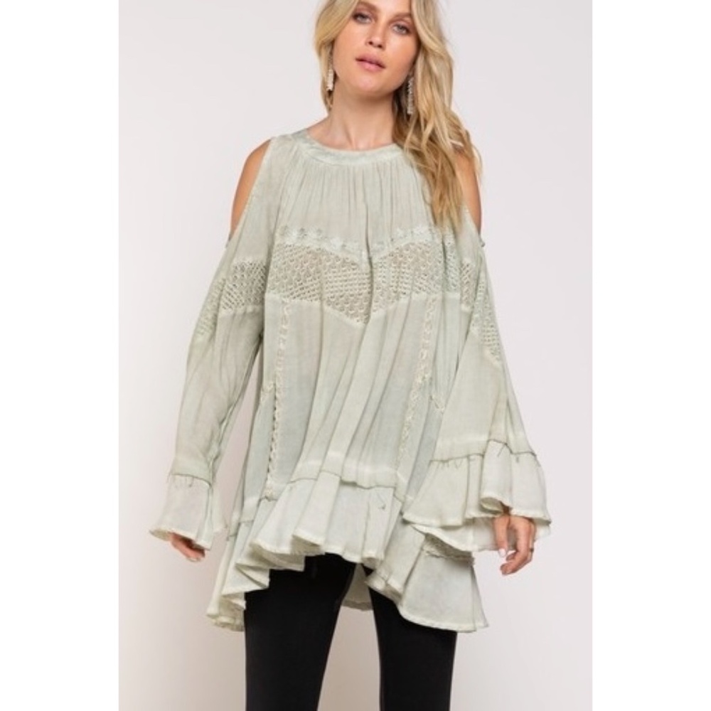 POL Sage Green Long Sleeve Lace Inset Ruffled Tunic Top - Picture 3 of 8